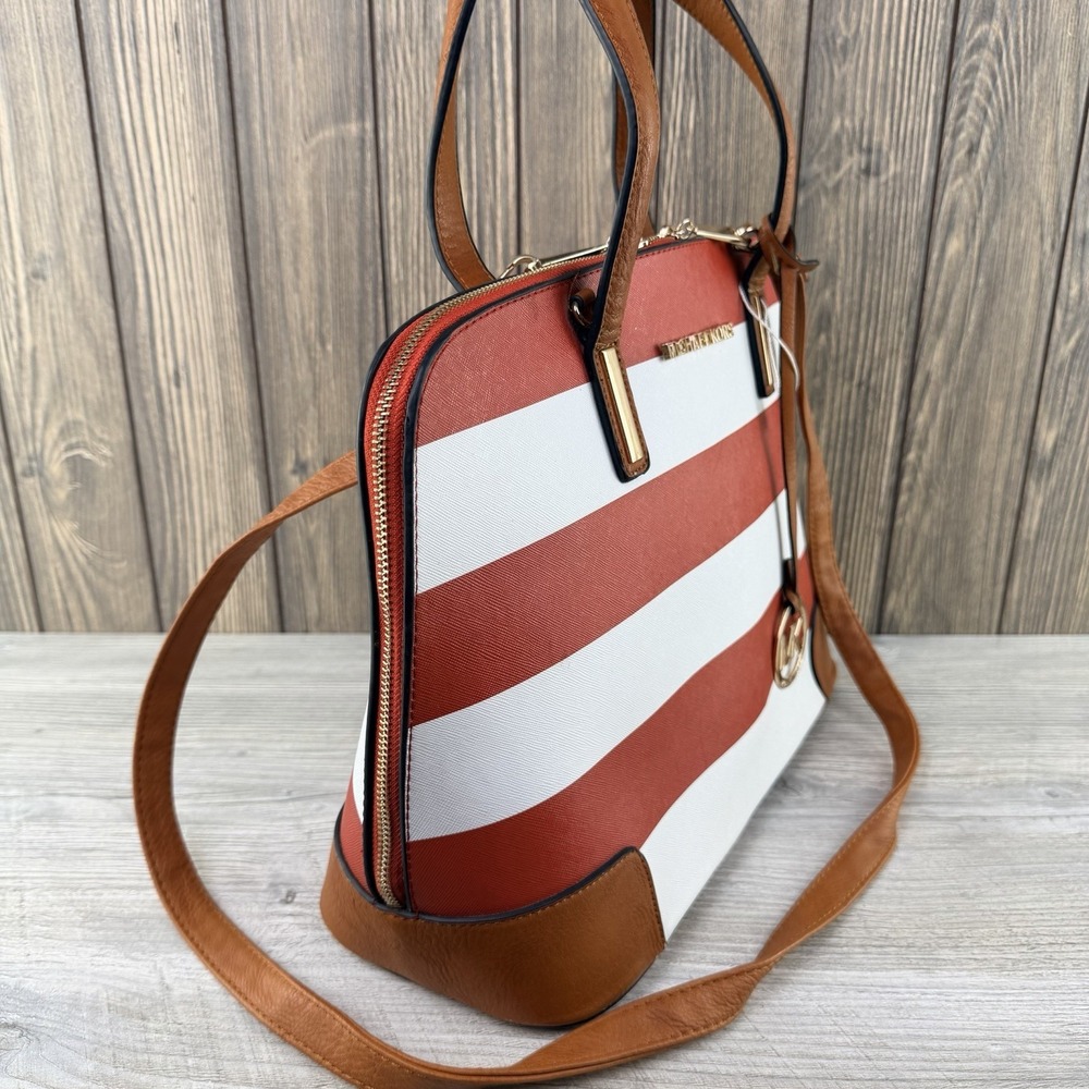 Michael Kors Red White Striped Satchel Crossbody Bag Gold Tone Charm Purse - Picture 6 of 16